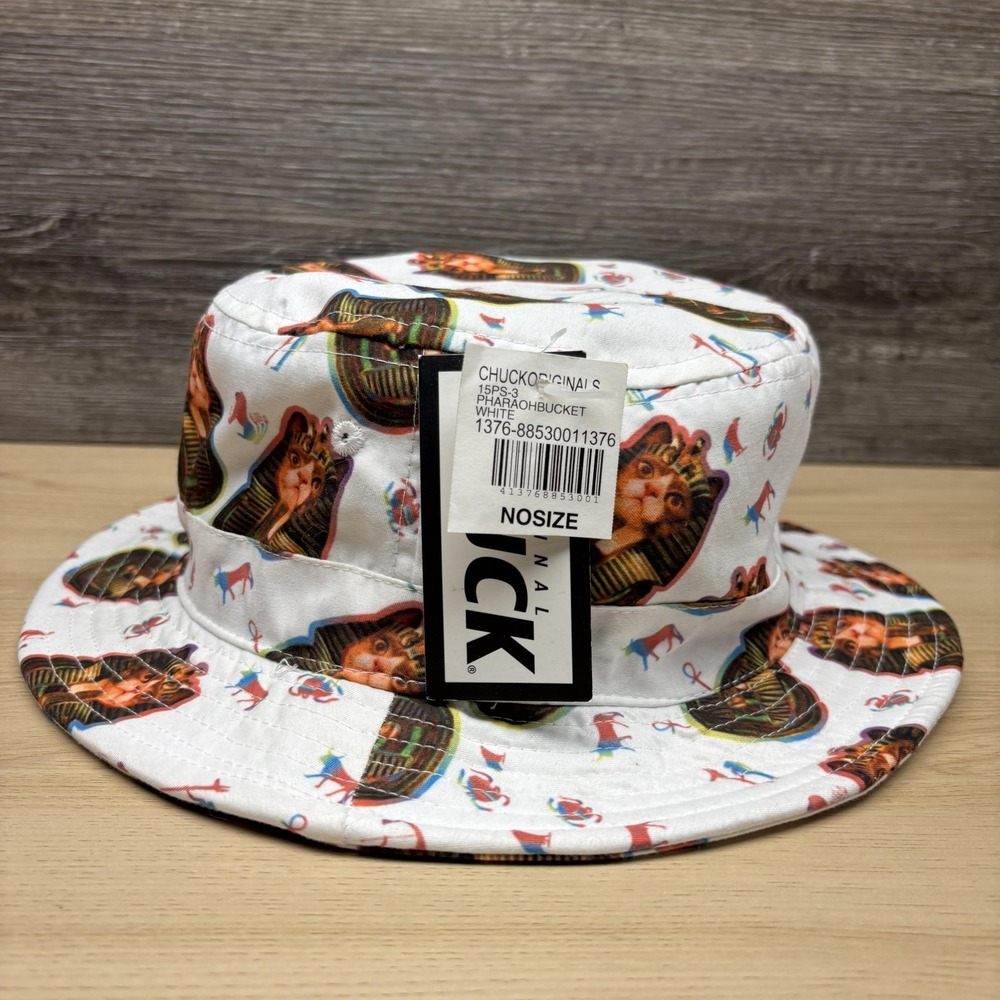 Original Chuck Hat Bucket Fitted One Size White Cat Pharaoh Allover Print NWT - Picture 3 of 12